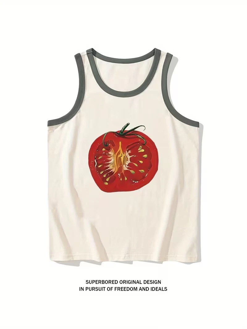 Mens Trendy Food Print Tomato Tank Top Summer Sleeveless Contrast Trim Loose Fit Casual Vest For Daily Commute Streetwear 2026