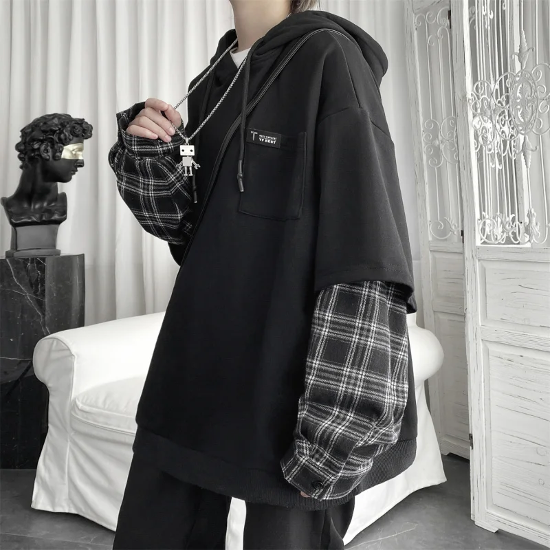 

Мужская повседневная толстовка с капюшоном, весна-осень, в клетку, с лоскутным узором, свободного кроя, в стиле оверсайз, в университетском стиле, имитация двухслойности