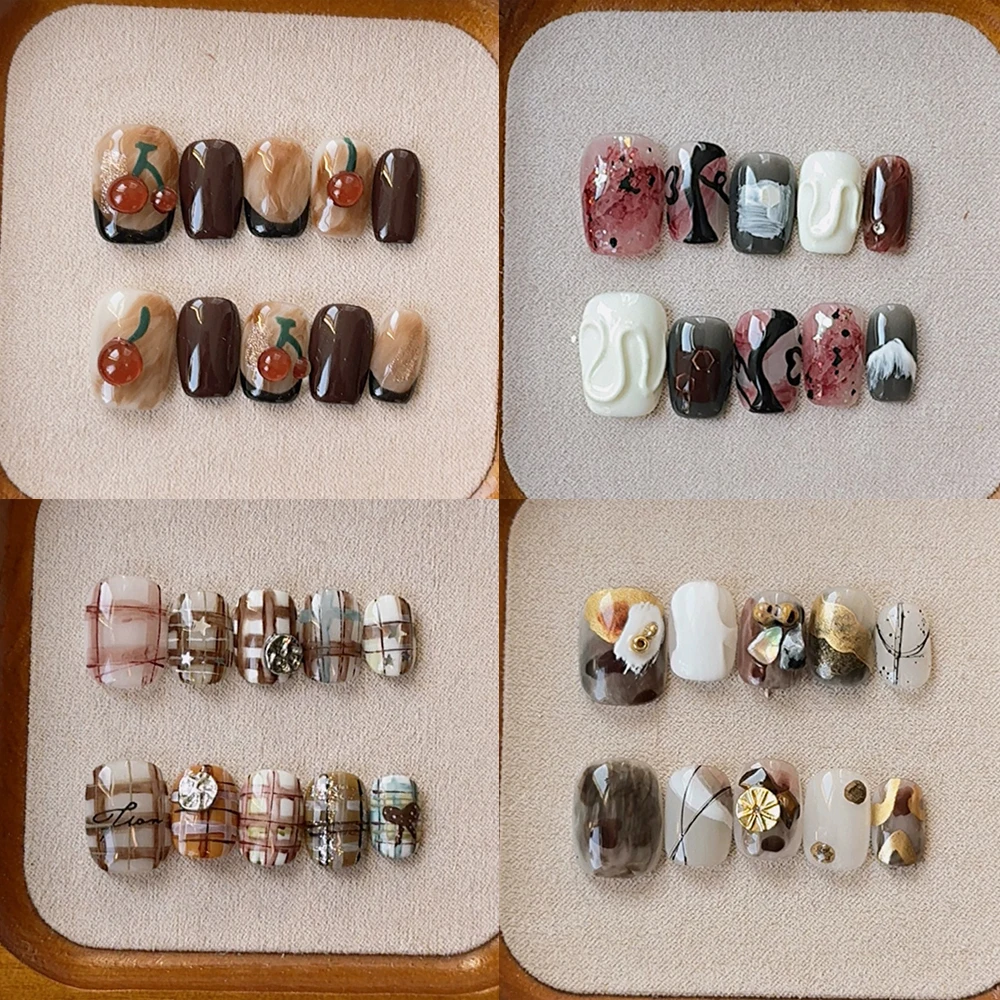 

Autumn Winter Cute Short Square Round Handmade Full Cover Nails Vintage Cherry Shining Stars Grid Reusable Press On Nails