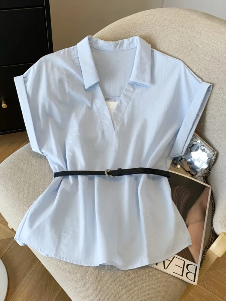 

Slimming Plaid Short Sleeve Shirt with Belt Korean Style Commute Fashion Women's Design Sense Top for Summer Breathable Skin-...