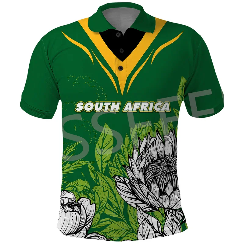 

Custom Name Africa Country South Africa Flowers Flag Retro Tattoo 3DPrint Summer Casual Polo Shirts Short Sleeves Streetwear X1