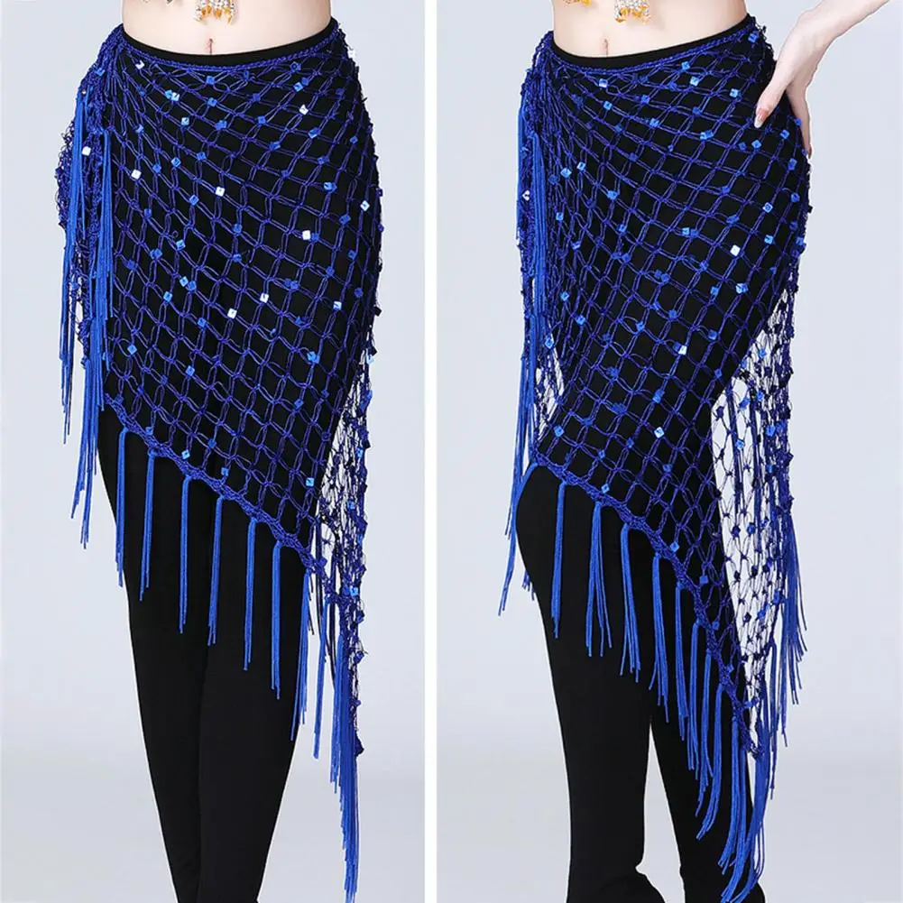 Unique Style Belly Jewelry Shiny Sequins Belly Dance Scarf with Tassel Fishnet Lace-up Design Adjustable Triangle for Women