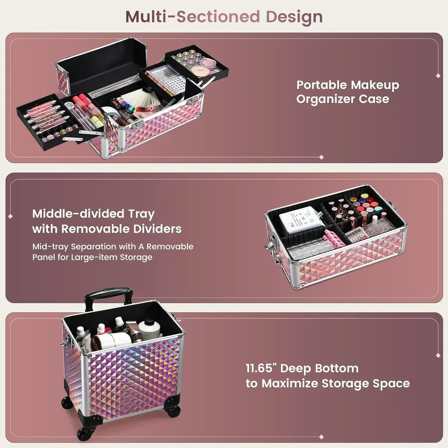 Bestselling3 in 1 Rolling Makeup Train Case Cosmetology Case on Wheels Pink | Cosmetic Trolley Large Storage with Keys 360° Swiv