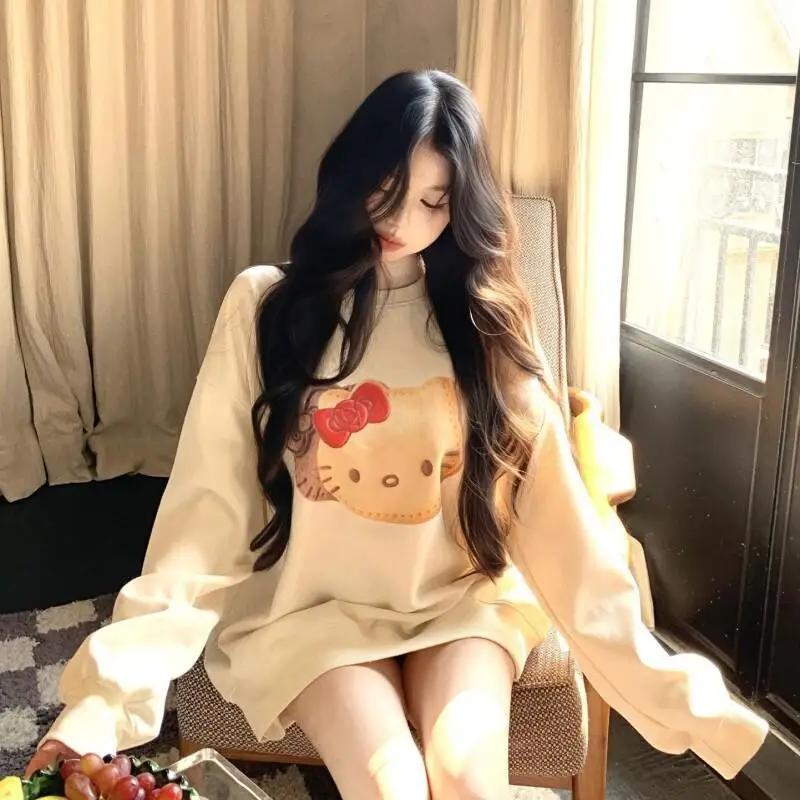 

Женская толстовка Sanrio Hello Kitty на флисовой подкладке, осенне-зимняя, с круглым вырезом, свободного кроя, в стиле «ленивый шик», легкая, с длинными рукавами, уютная