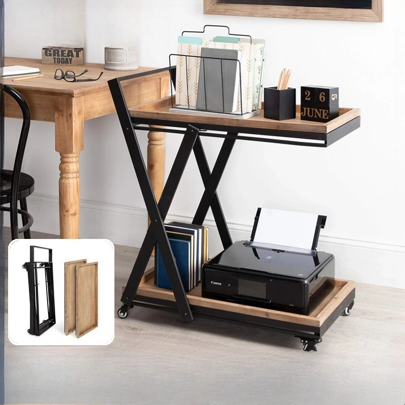 Wrought iron home decoration trolley, storage of idle items, balcony, living room, garden, potted plants, two-layer wooden stora