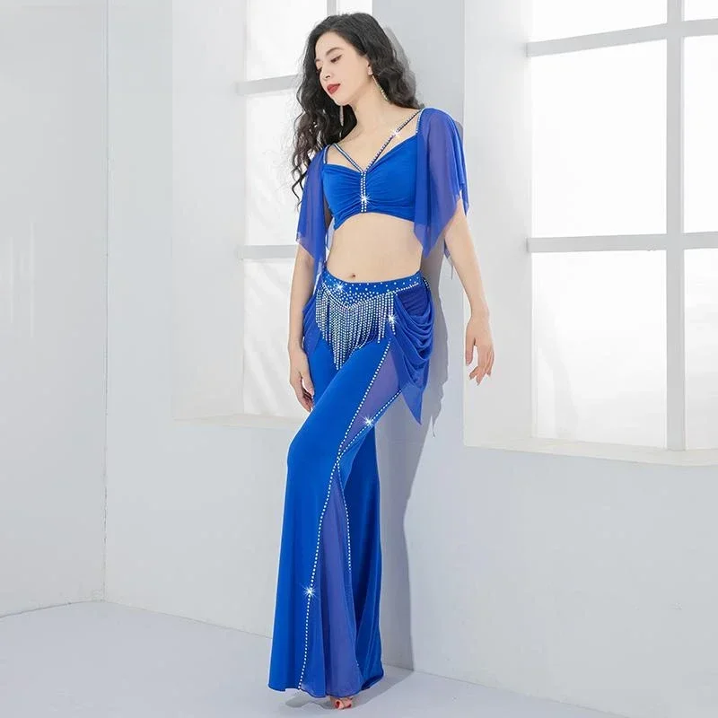 Belly Dancing Practice Set Sexy V-neck Top+ Tassel Belt Pants Flare Trousers Adult Oriental Dance Professional Training Clothing