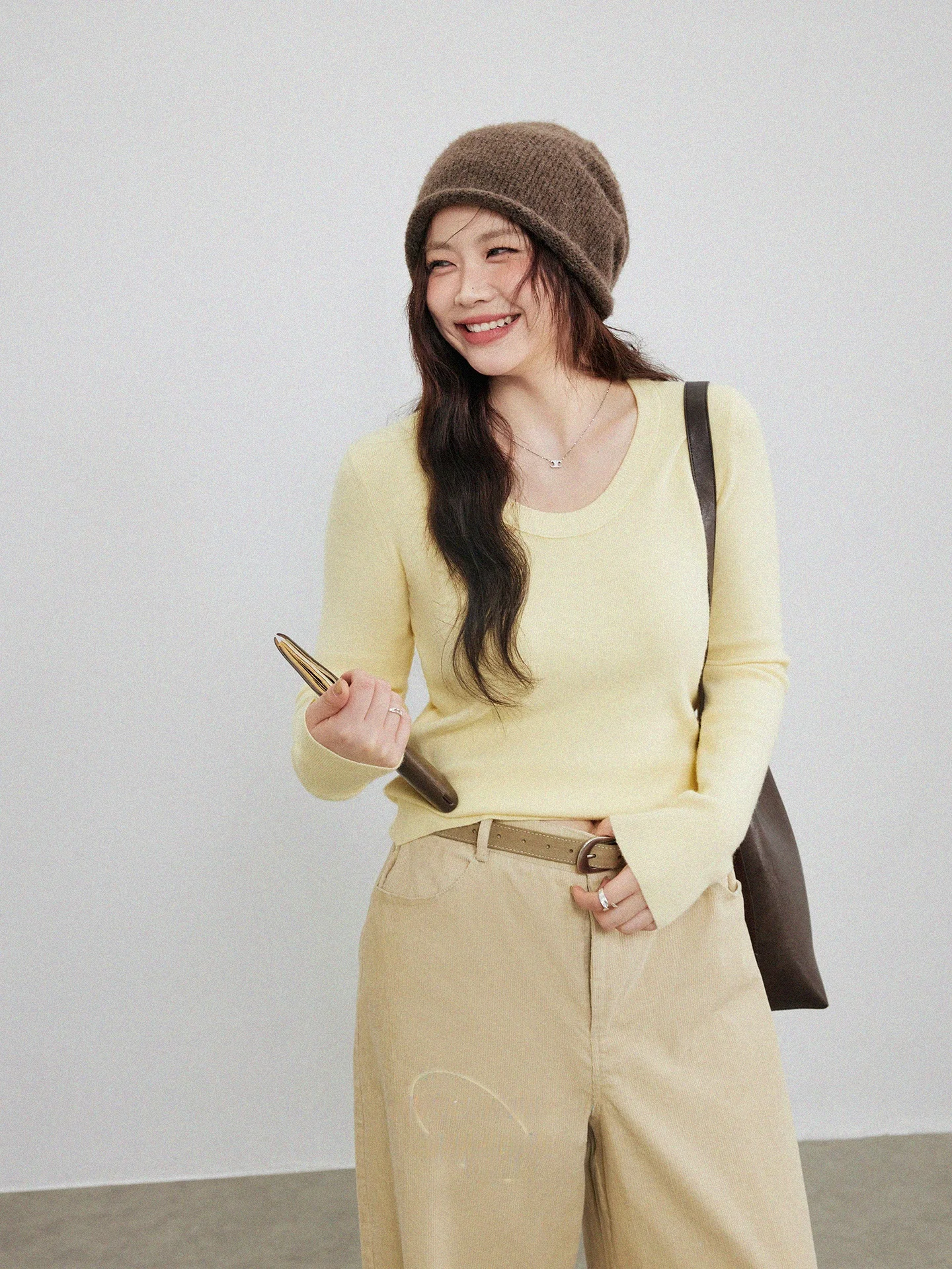 

plus Size Women's Yellow Knitted Long Sleeve round Neck Basic Style Casual Fit Inner Wear T-Shirt Comfortable Polyester Fiber