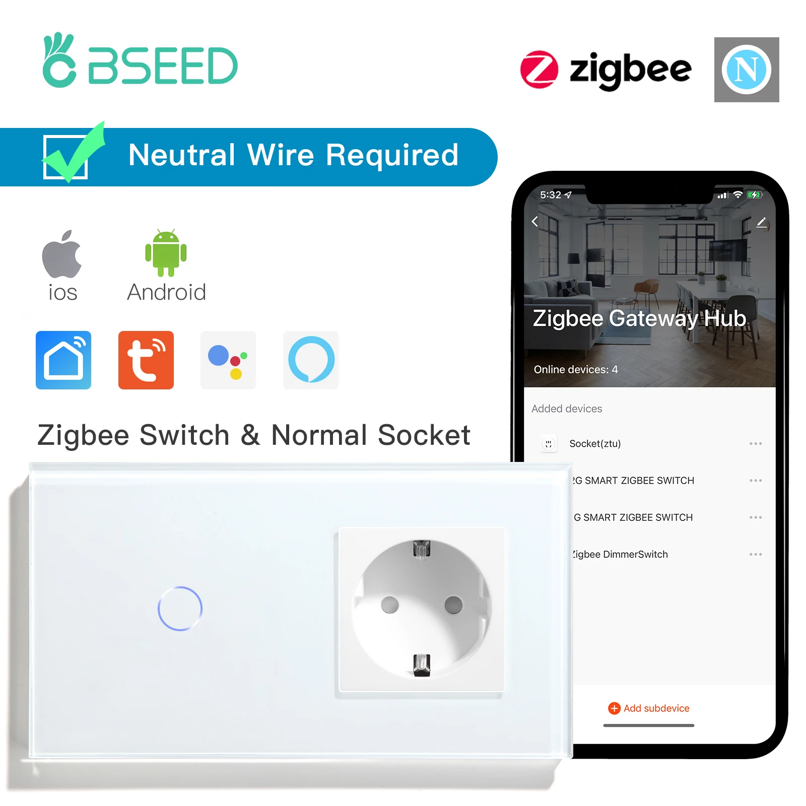 BSEED ZigBee Touch Schalter 1/2/3Gang 1/2/3Way Sensor Wand Licht Schalter Smart tuya Alexa Mit EU Standard Typ-c Steckdose