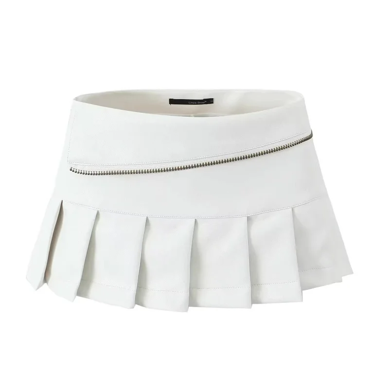 Y2K PU Leather Pleated Mini Skirt With Shorts Lining Women Sexy Zipper Summer Low Waist Short Coffee White Black