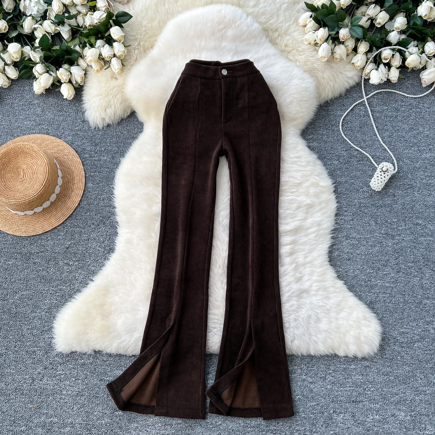 

Casual High Waist Vintage Split Women Basics Elegant Chic Corduroy Flare Pants Korean Fashion Office Lady Autumn Winter Clothing