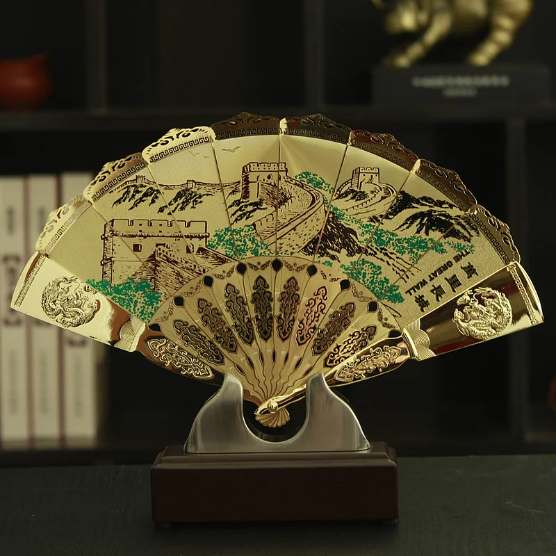 TOP COOL foreign business gift with box CHINA The Great Wall ART gilding fan copper statue --Collector Edition-- GOOD