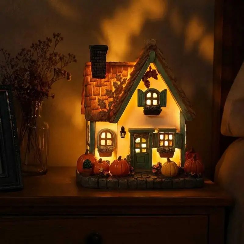 LED-Herbst-Kürbishaus-Dekoration, Harz-Tisch-Cottage-Statue mit warmem Licht, Ernte-Kaminsims-Akzent für Wohnzimmer und D2RD – Detail 5