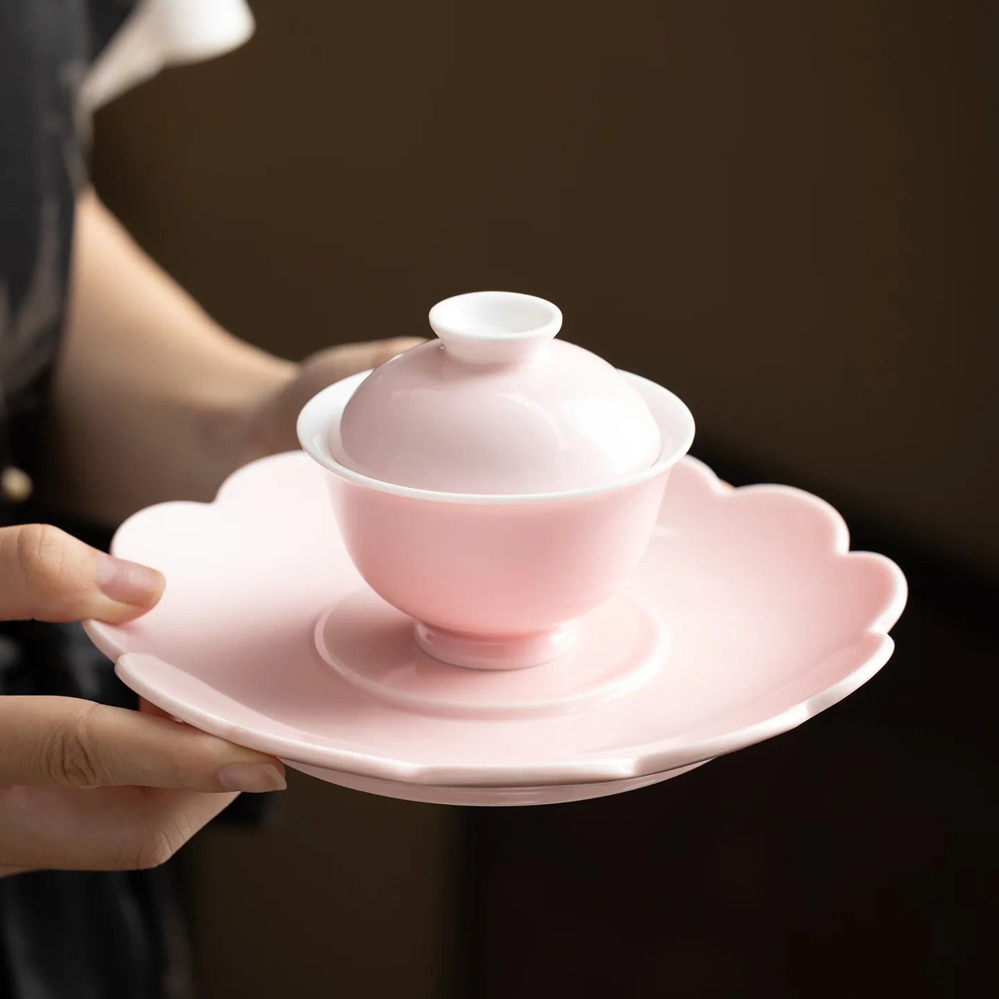 

Pink Ceramic High-End Gaiwan Blossom Powder Small Full Tea Cup Household Bowl Kung Fu Set