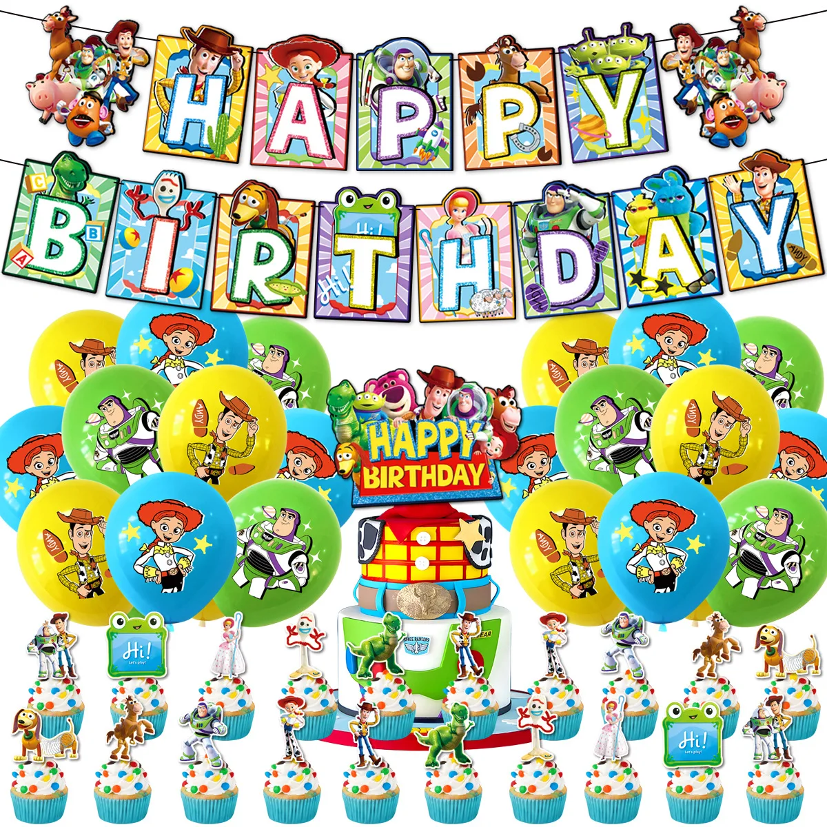 2026 Neue Bunte DIY Toy Story Party-Deko Ballons Wimpelketten Tortendekoration Erdbeerbär Woody Buzz Lightyear