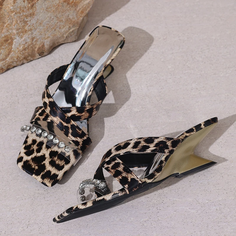 

Leopard Crystal High Heels Women Sandals Square Toe Sexy Slippers Woman Shoes 2025 Summer Elegant Pumps Shoes Flip Flops Mujer
