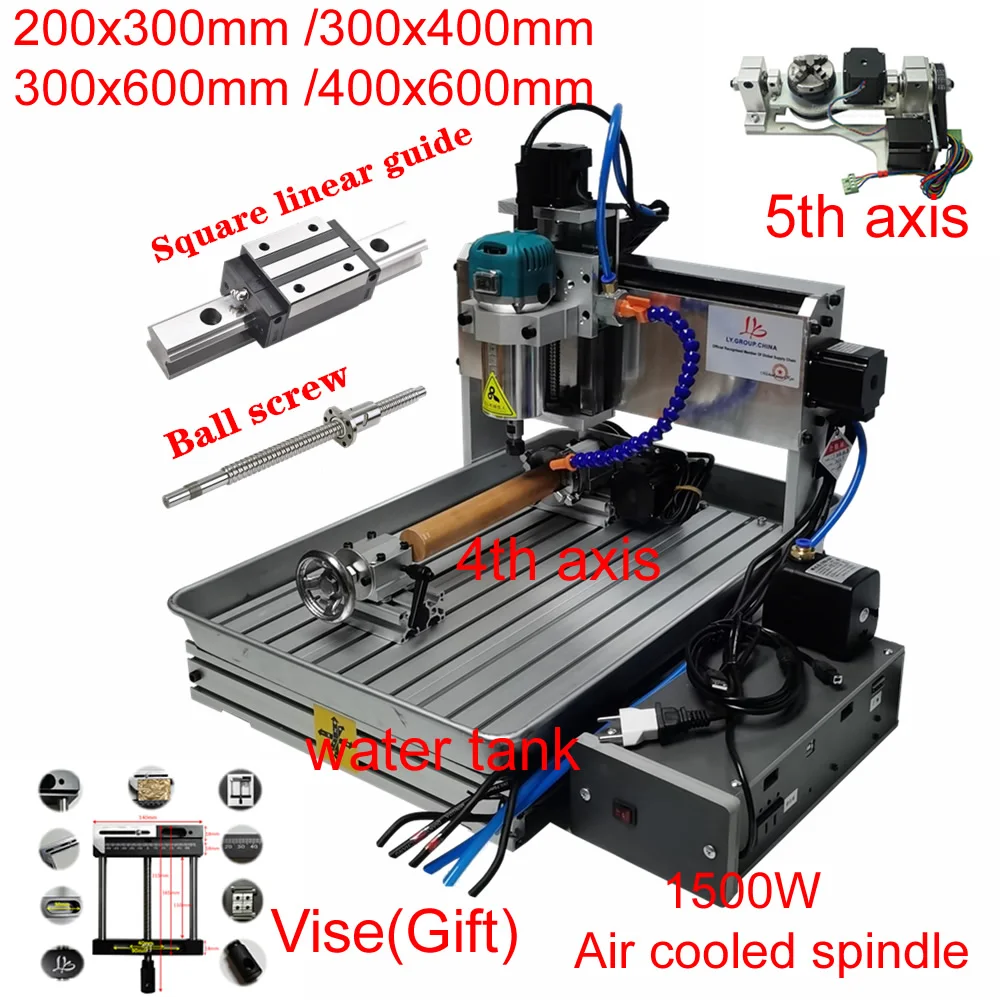 Enrutador de madera CNC 6040, 1500W, 4 ejes, 3040, máquina de grabado de Metal, 5 ejes, 3020 PCB, fresadora de tallado con tanque de agua