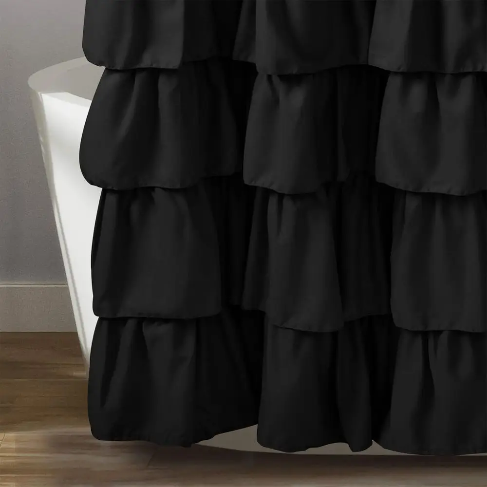 ستارة دش المزرعة السوداء مقاس 72 × 72 بوصة مع 12 خطافًا، ونمط منقوش باللونين الأبيض والأسود وأزرار وكشكشة