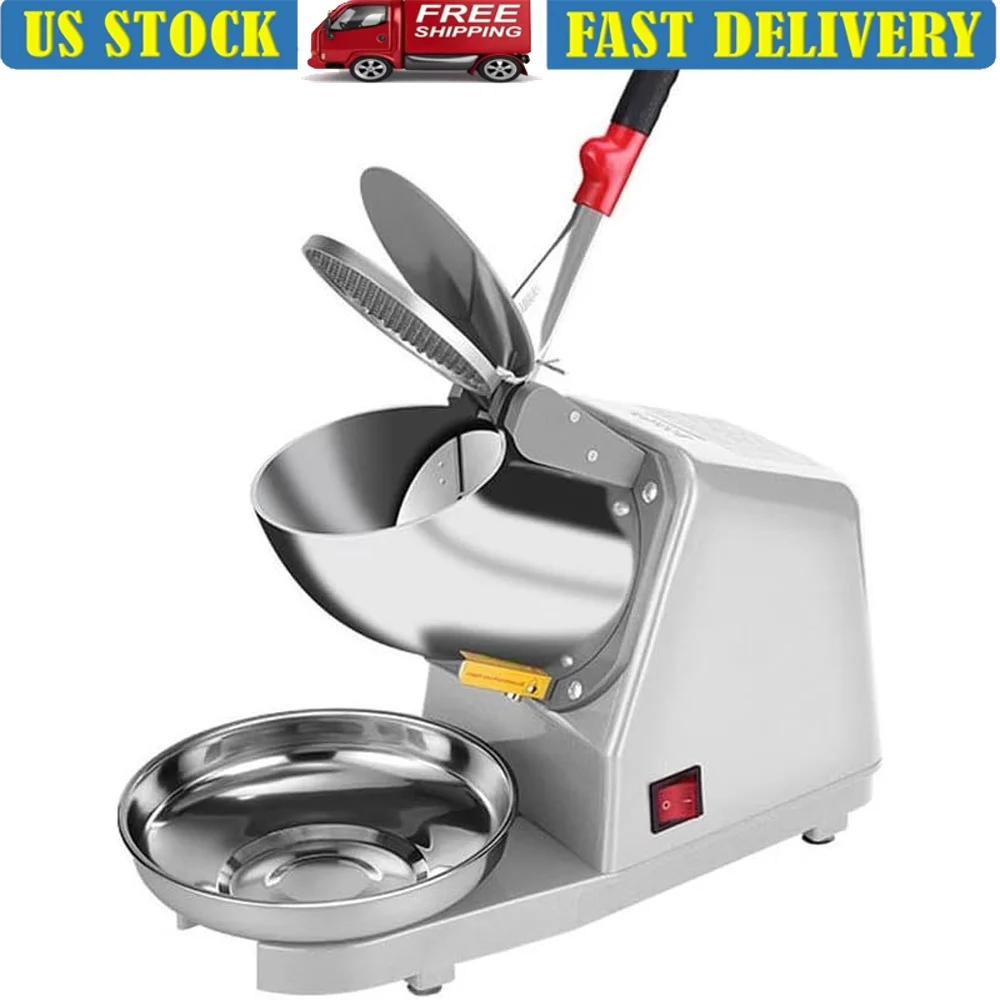 

Electric Shaved Ice Machine Dual Blades Ice Crusher Snow Cone Maker 187lbs/hr Stainless Steel Heavy Duty Quiet Operation