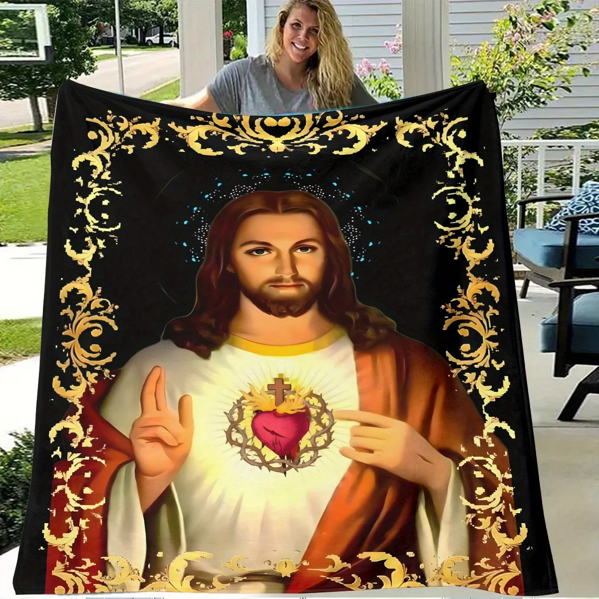 Matte Black Backdrop Jesus With Sacred Heart Wrapped In Golden Baroque Frame Religious Full Print Fluffy Blanket Couch Gift
