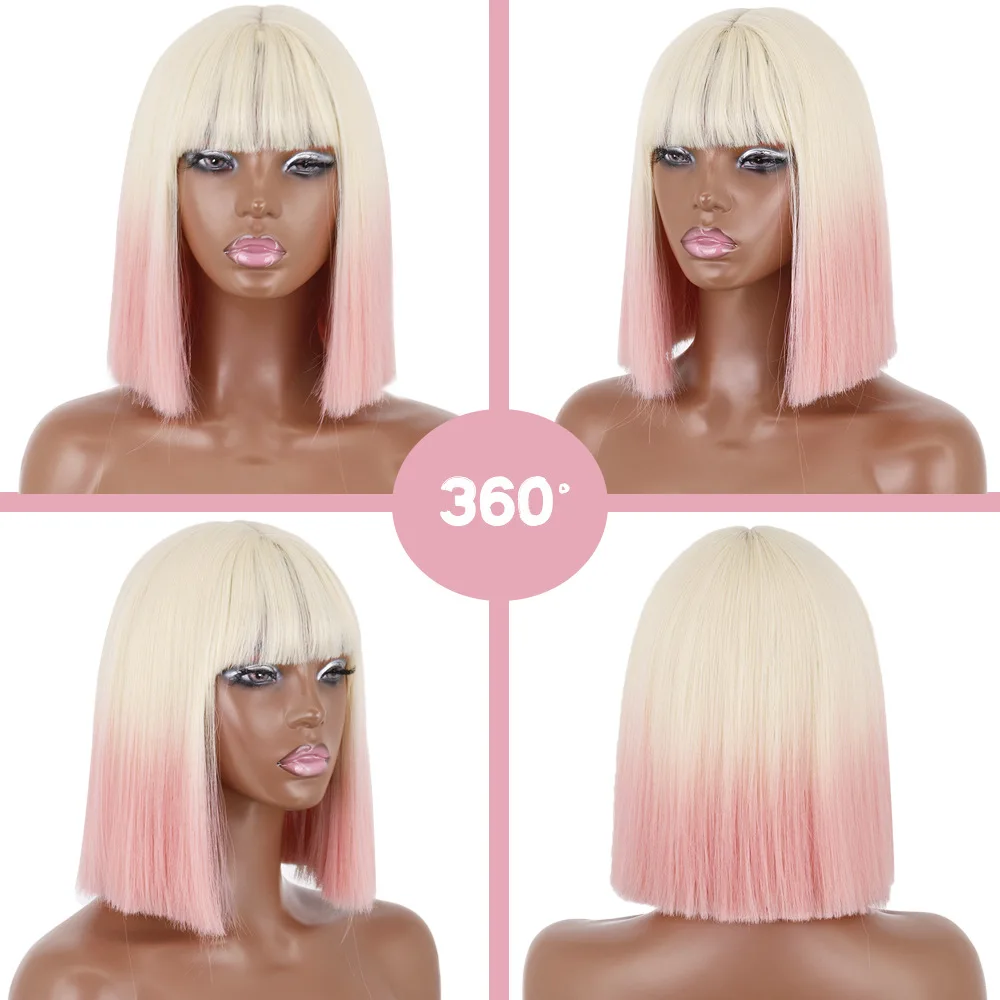 Belle Show Short Straight Halloween Pary Bob Wigs Synthetic Natural Ombre Blonde Pink Grey Bob Wig With Bangs