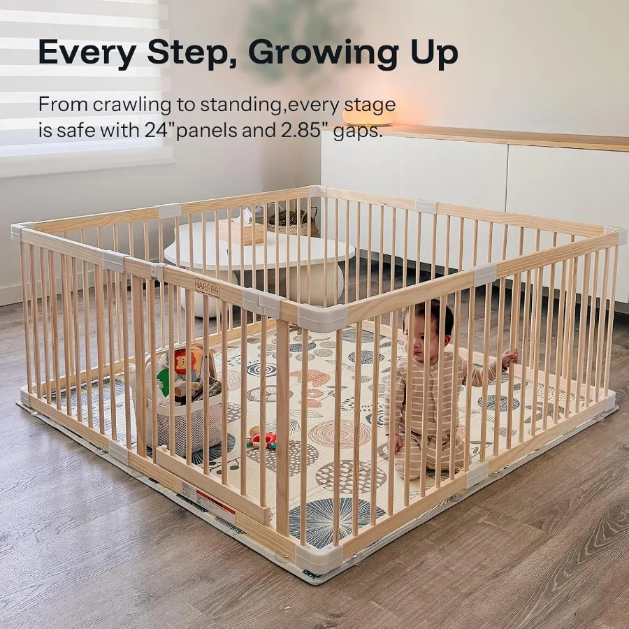 Kojec dla dziecka, drewniany kojec dla niemowląt i małych dzieci, duży plac zabaw, ogrodzenie dla dziecka, strefa zabaw, 142 x 142 x 61 cm