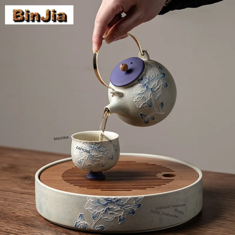 BAEJORIA Hand-painted Purple Peony Pot Bearing Holder Teacup Base Dry Bubble Table Tea Tray Coasters Cha Accessories Craft