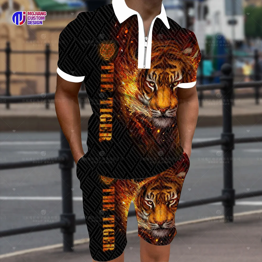 Cool The Tiger 3d Printed Polo Shirt/Shorts/Suit Summer Casual Lapel Short-Sleeved Animal Sportswear Two-Piece Sportswear