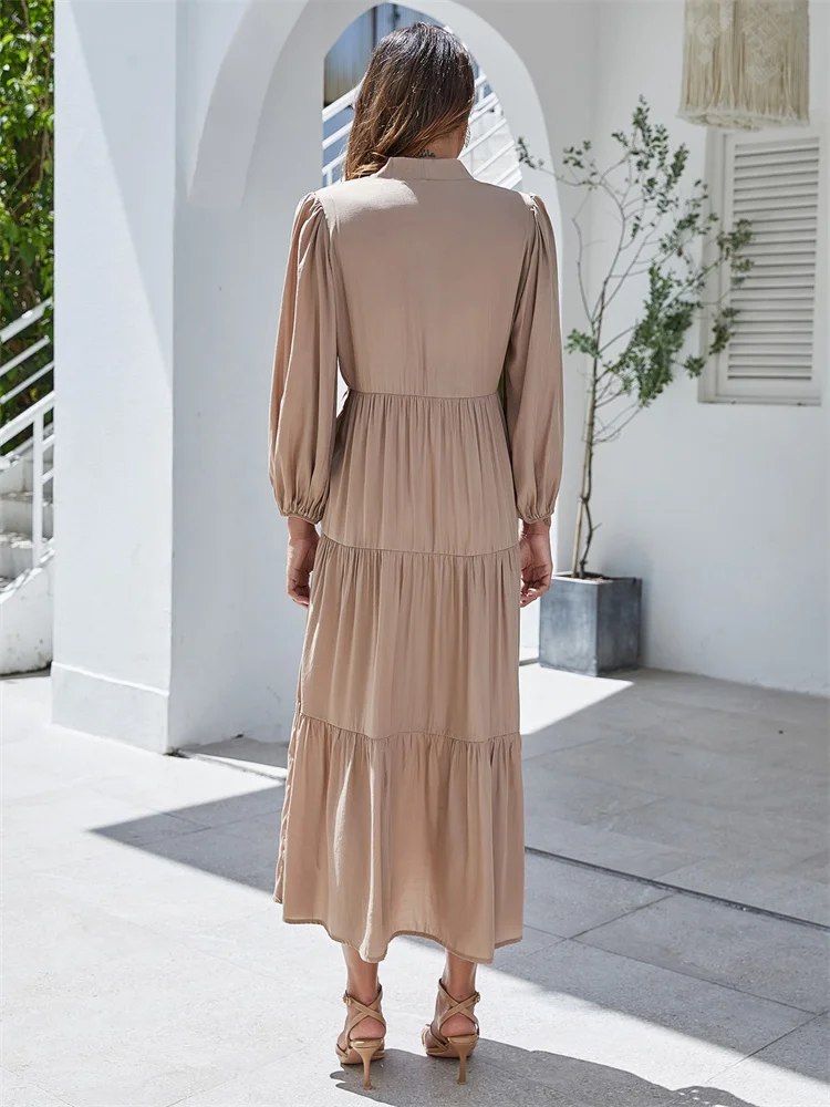 BKMGC Tiered Maxi Dress Champagne Tan Tie Neck Ascot Neckline Long Sleeve Ruffle Elegant Office Lady Autumn Dailywear Dresses