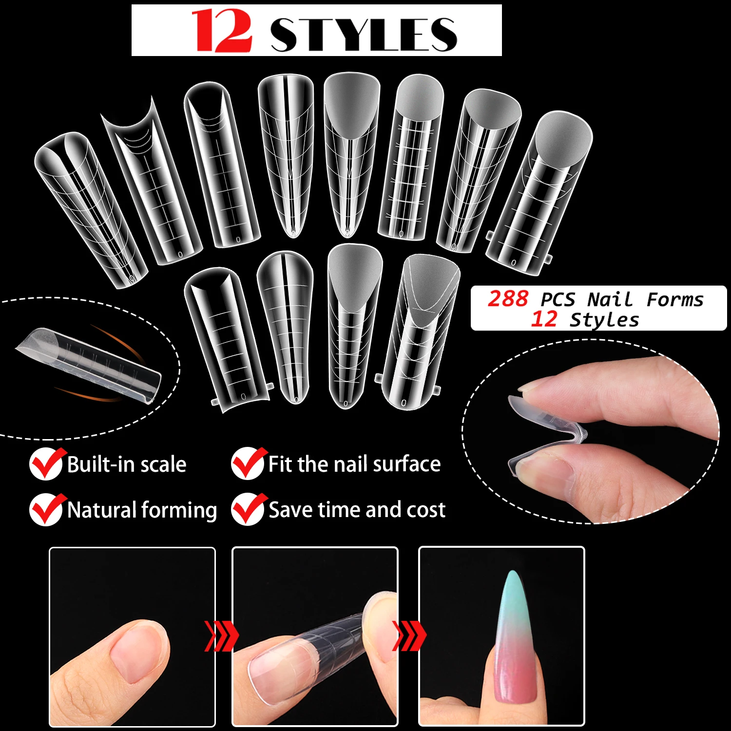 Ebanku Colla per unghie polimerica bifacciale 288 pezzi Stampo per unghie bifacciale Stiletto Bara Balletto Punta per unghie acrilica 12 forme Colla da costruzione Manicure Art Design Salon Fai da te a casa