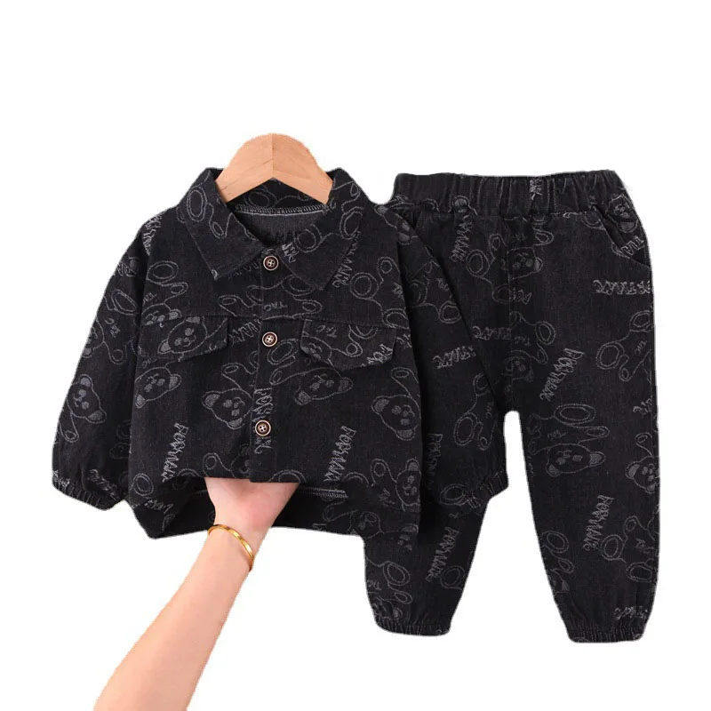 2023Baby boy spring autumn fashion denim suit boy cowboy tooling single-breasted cartoon denim overcoat+jeans 2-piece suit 0-4Y