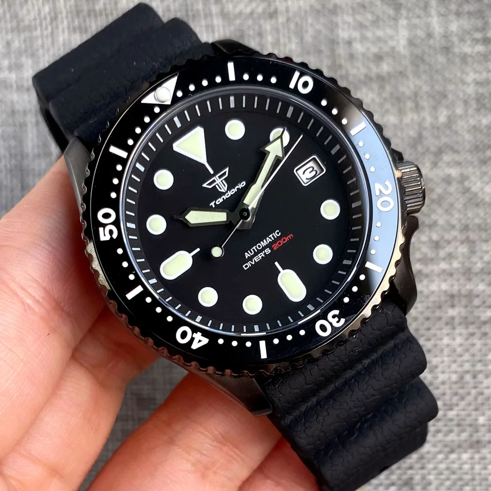 Black SKX Mod Dive Automatic Watch Men 3.8 Crown Tandorio Selfwinding Wristwatch 120Click Bezel Rubber Band Black Chapter Ring