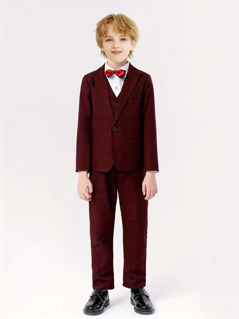 

Flower Boys Jacket Vest Pants Bowtie 4Pieces/Set Wedding Dress1-11Years Kids Formal Red Birthday Host Piano Performance Suit