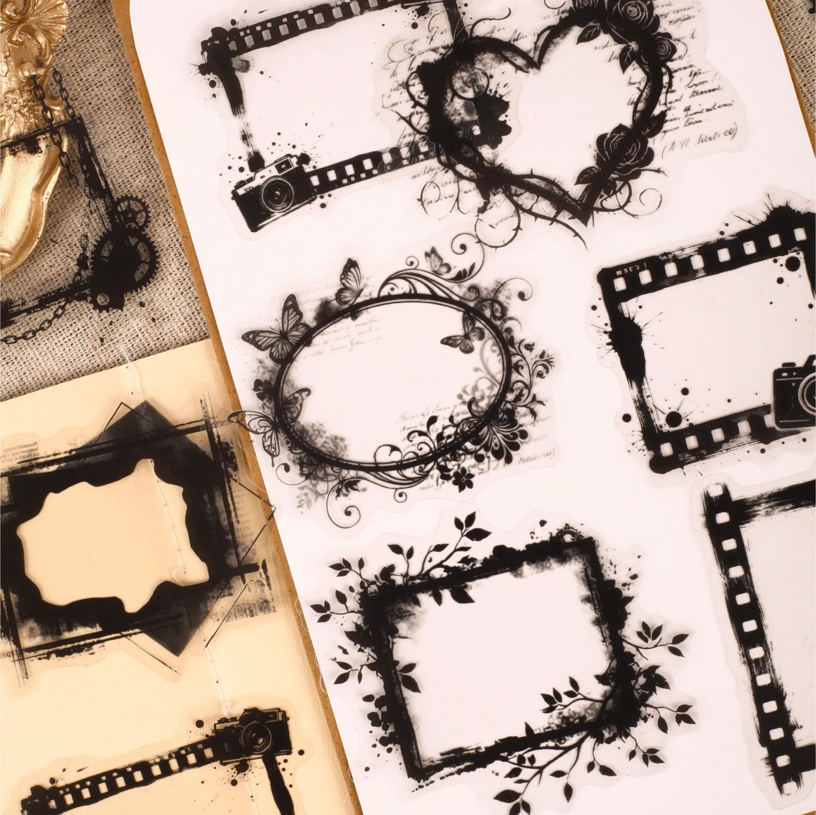 JIANQI 16Pcs Creative Smudging Black White Frame Stickers hand tent DIY Stick Labels Scrapbooking Material Junk Journal Supplies - view 6