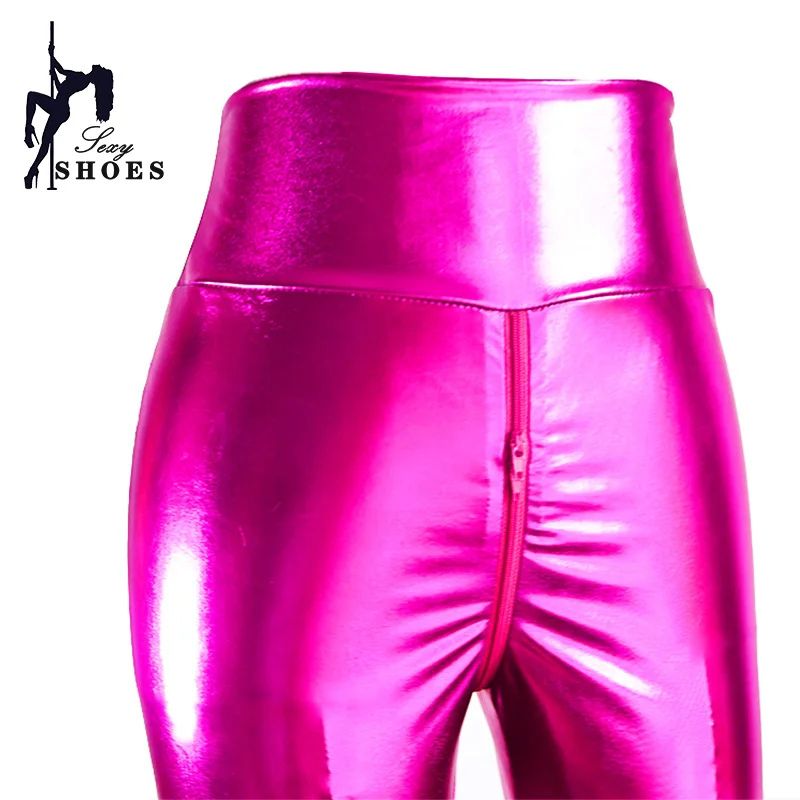 Leggings de cintura alta de cuero PU brillante, pantalones de mujer para actuaciones en club nocturno, pantalones personalizados con doble cremallera y entrepierna abierta