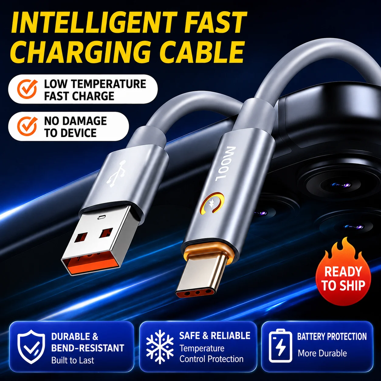 100W USB to Type C Cable Auto Power Off Fast Charging Cable Data Cable USB Charging Wire for Phone Laptop Tablet