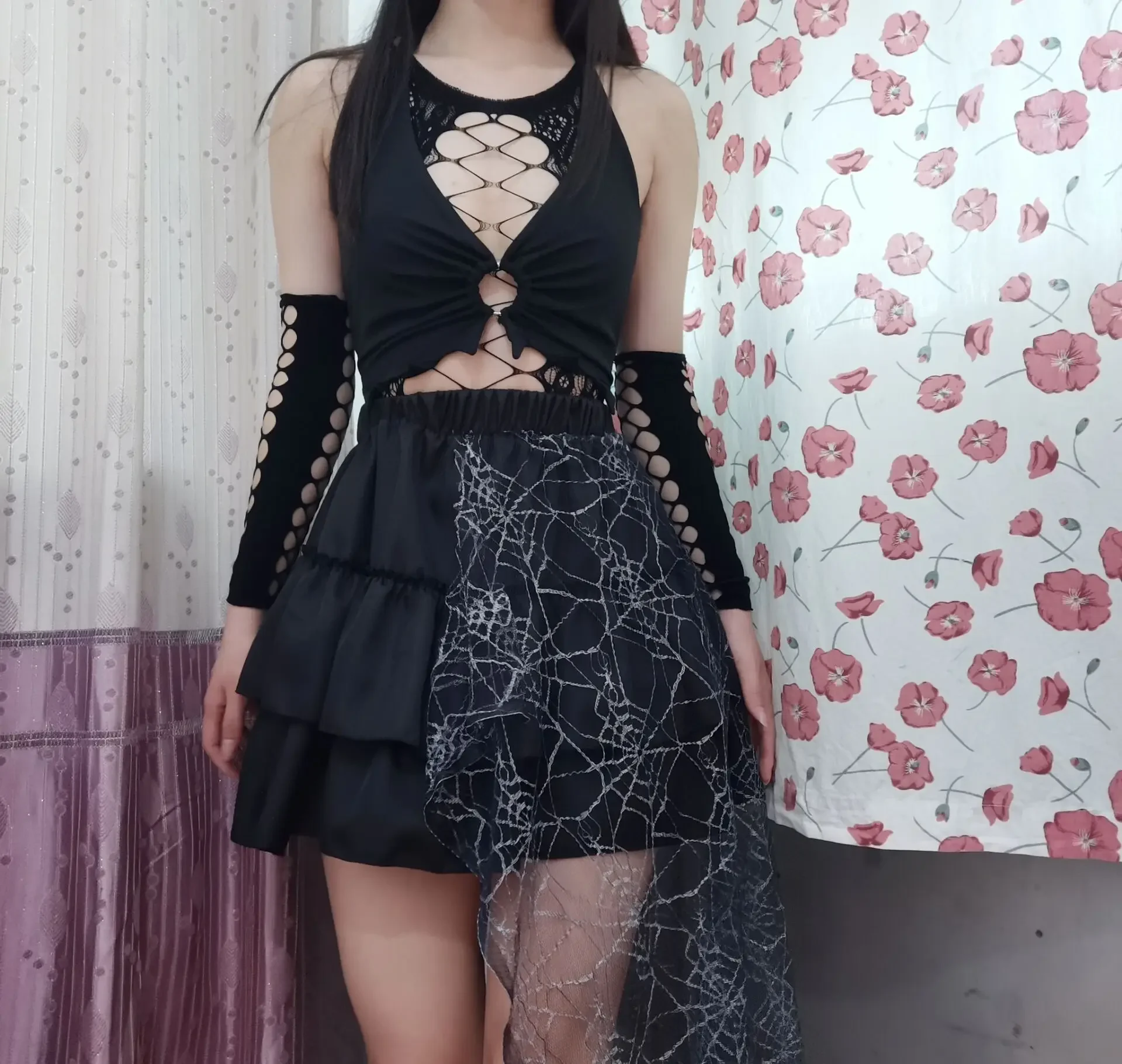 Ruibbit New Arrival Japanese Gothic Harajuku Hot Girl Punk Black Red Lace Cake Skirt Y2k Mini Short  Spider Web Patchwork Skirt