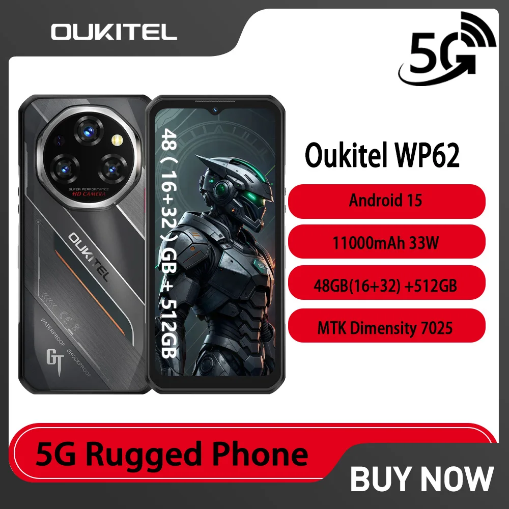 Oukitel WP62 5G هاتف ذكي متين 48 جيجابايت (16 + 32) + 512 جيجابايت 6.6 بوصة FHD + 108 ميجابكسل الأبعاد 7025 11000 مللي أمبير 33 وات Type-C أندرويد 15 NFC هاتف محمول #1