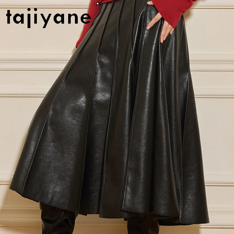 TAJIYANE Women's Skirts Semi Vegetable Tanned Sheepskin Midi Skirt Genuine Leather Pleated Skirt Chic Umbrella Skirts of Woman