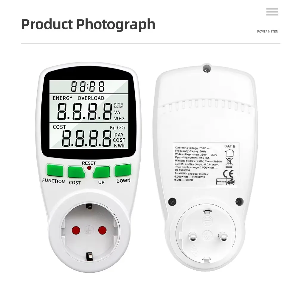 Wattmetro digitale Misuratore di energia LCD Misuratore di potenza elettrica Presa Tester elettrico FR US UK AU BR Analizzatore di potenza con presa di misurazione