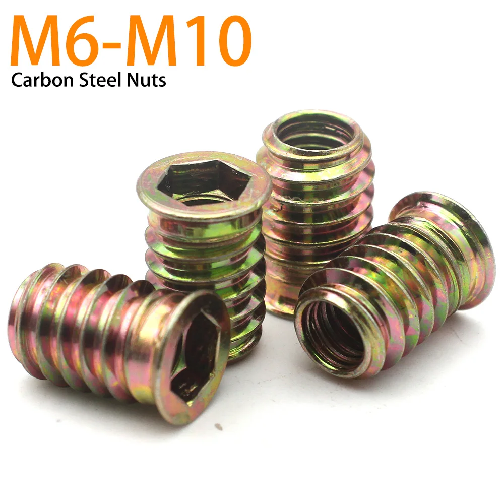 10pc/lot 9mm-30mm M6 M8 M10 Threaded For Wood Furniture Zinc Alloy Iron Inside Carbon Steel Hex Socket Drive Insert Nuts