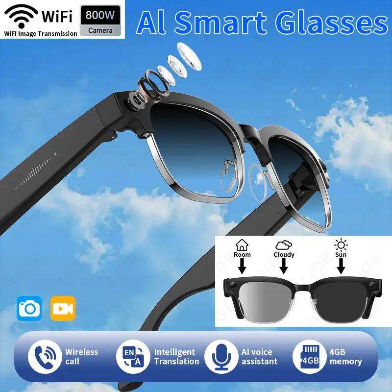8 Million Pixels Smart Glasses AI Recording Videos Photo Recognition Answer Translation 290mAh IP66 Waterproof Bluetooth Glasses