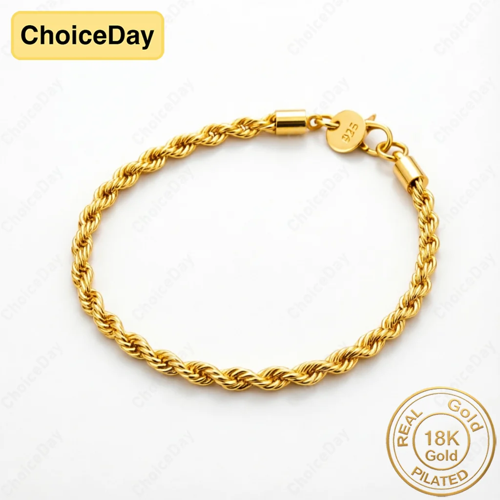 18K Gold Plated 4mm Simple Braided Rope Chain Bracelet for Women, Fashionable Gift, Wedding Accessories, Party Jewelry