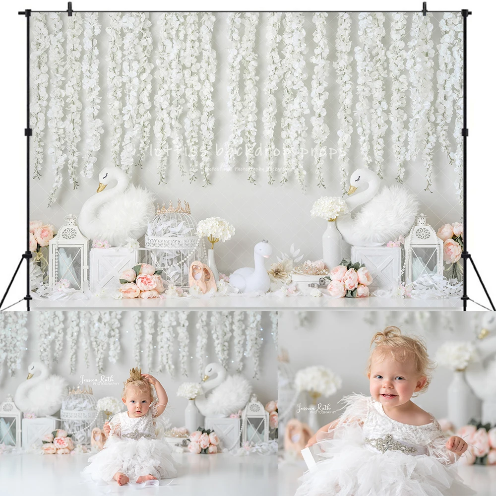 Royal Swans Backdrops Kids Cake Smash Birthday Photography Child Adult Photocall Decors Baby Photocall Floral Curtain Background