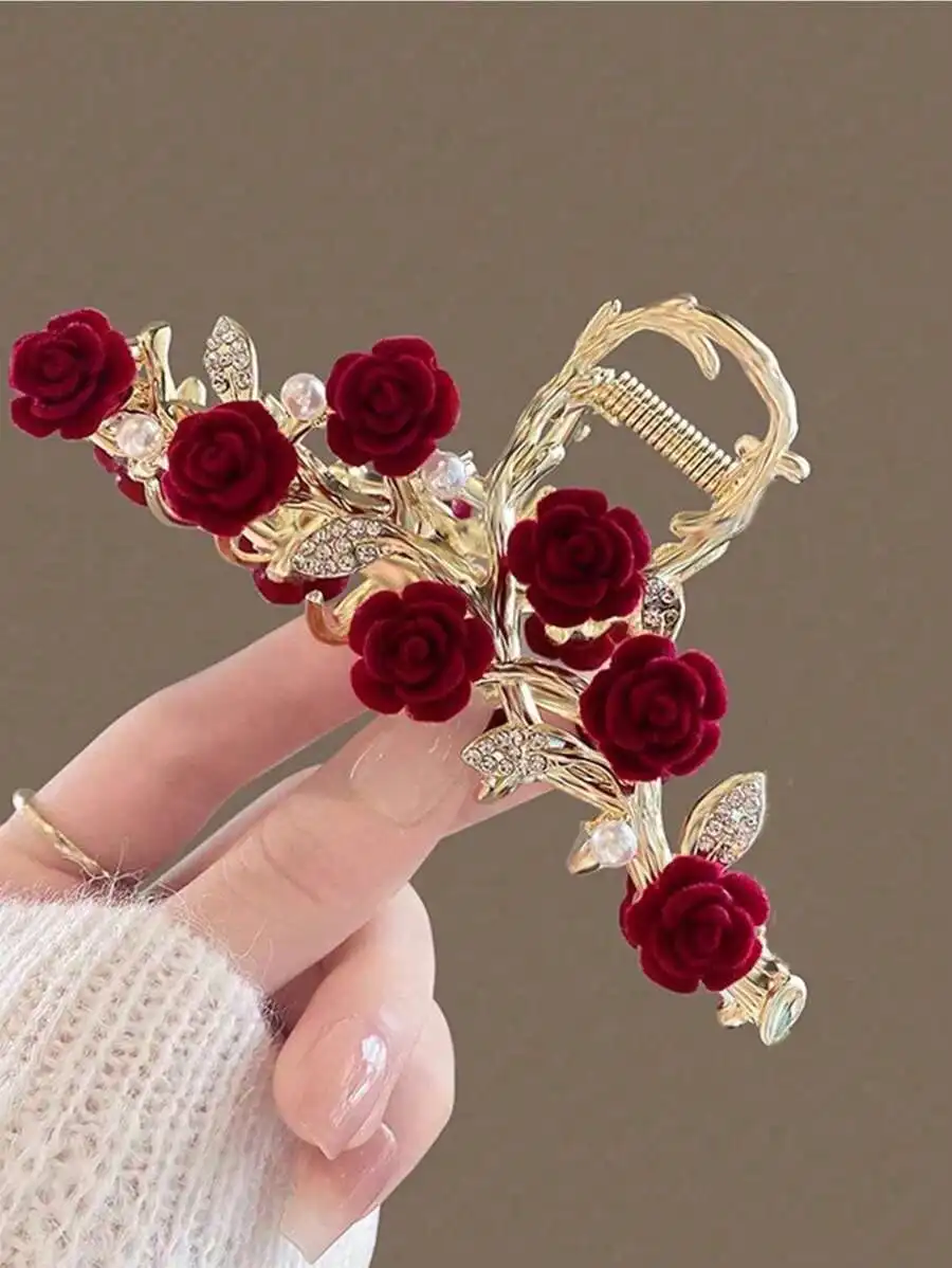 

Elegant Alloy Flocked Rose Rhinestone Pearl Hair Claw For Women Daily Updo Accessory