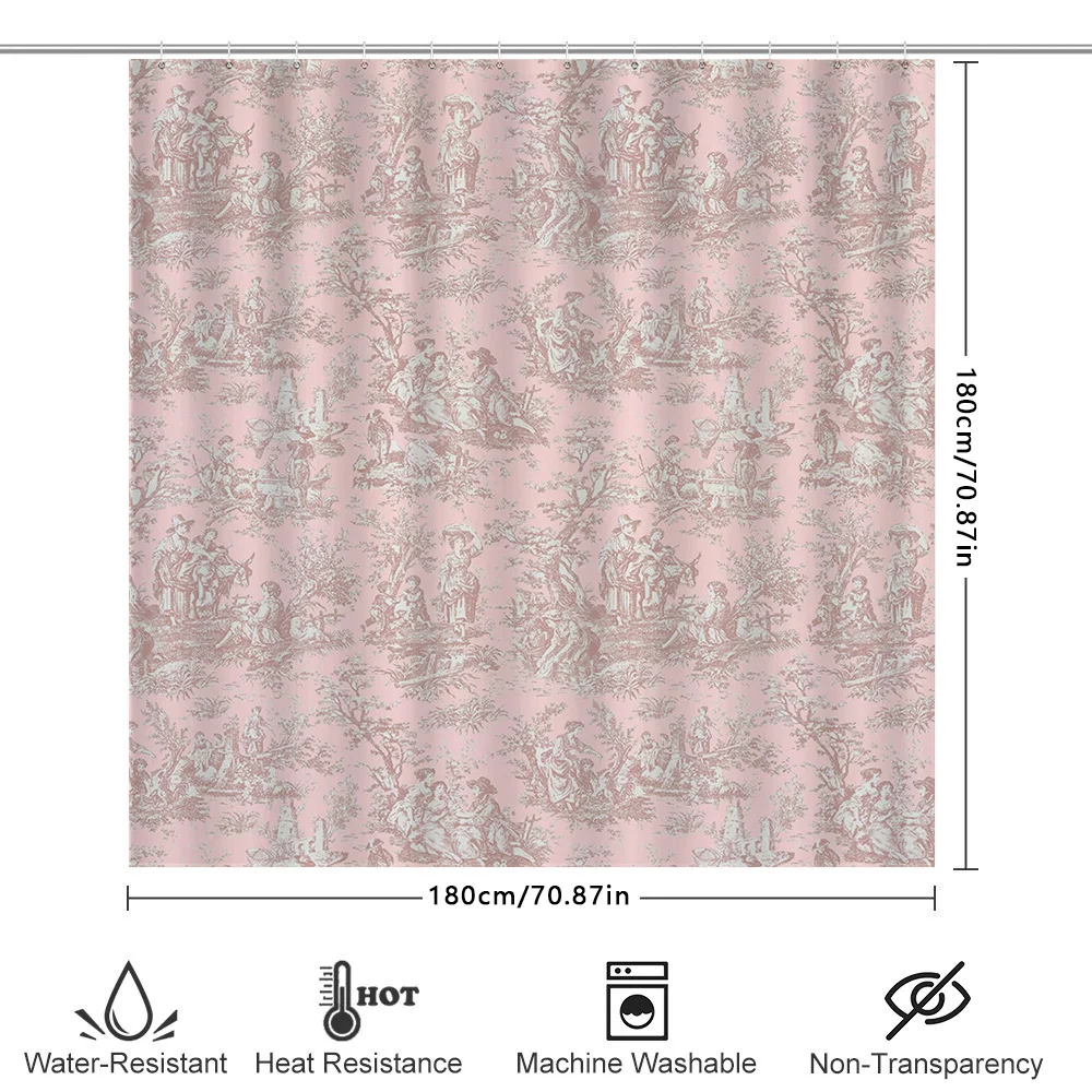 Toile de Jouy دش الستار الوردي الكلاسيكي الفرنسي البلد نمط حمام ديكور ديكور المنزل نسيج مقاوم للماء زينة الحمام