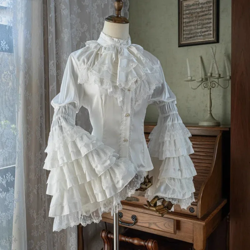 

Elegant Lolita Style Japanese Women Victorian Shirts Vintage Gothic Lace Ruffles Flare Long Sleeve Blouses Sweet Y2k Slim Tops