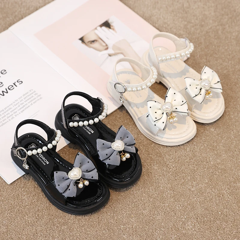 

sandalias Girls Summer Sandals New Soft Sole Pearl Princess Shoes Fashion Children Hook & Loop Shoe Open Toe Bowtie Shoes صنادل