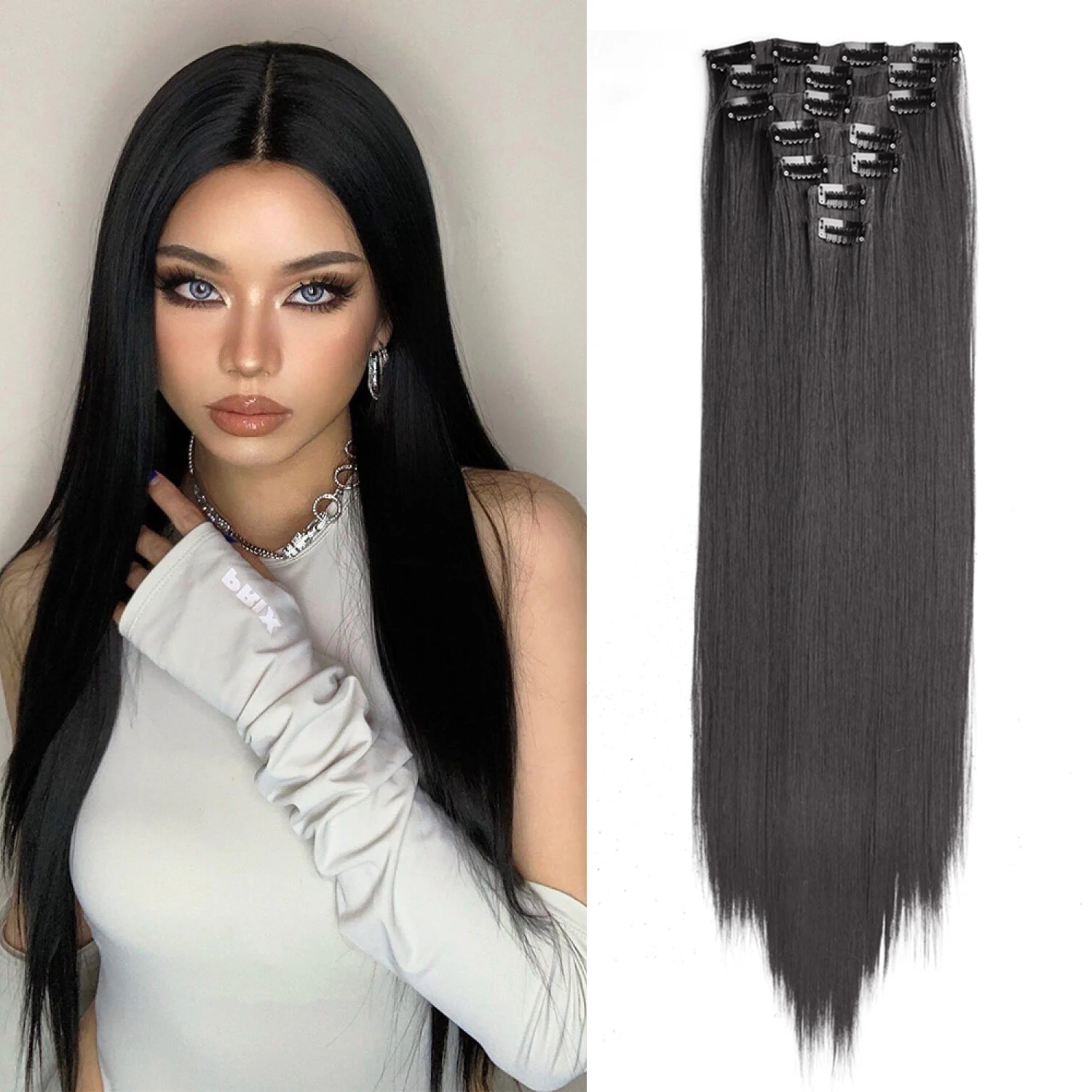 Xinran synthetische 16 Clips in 7 teile/satz 24 Zoll schwarz langes glattes Natur haar Hoch temperatur faser Haar verlängerungen Frauen