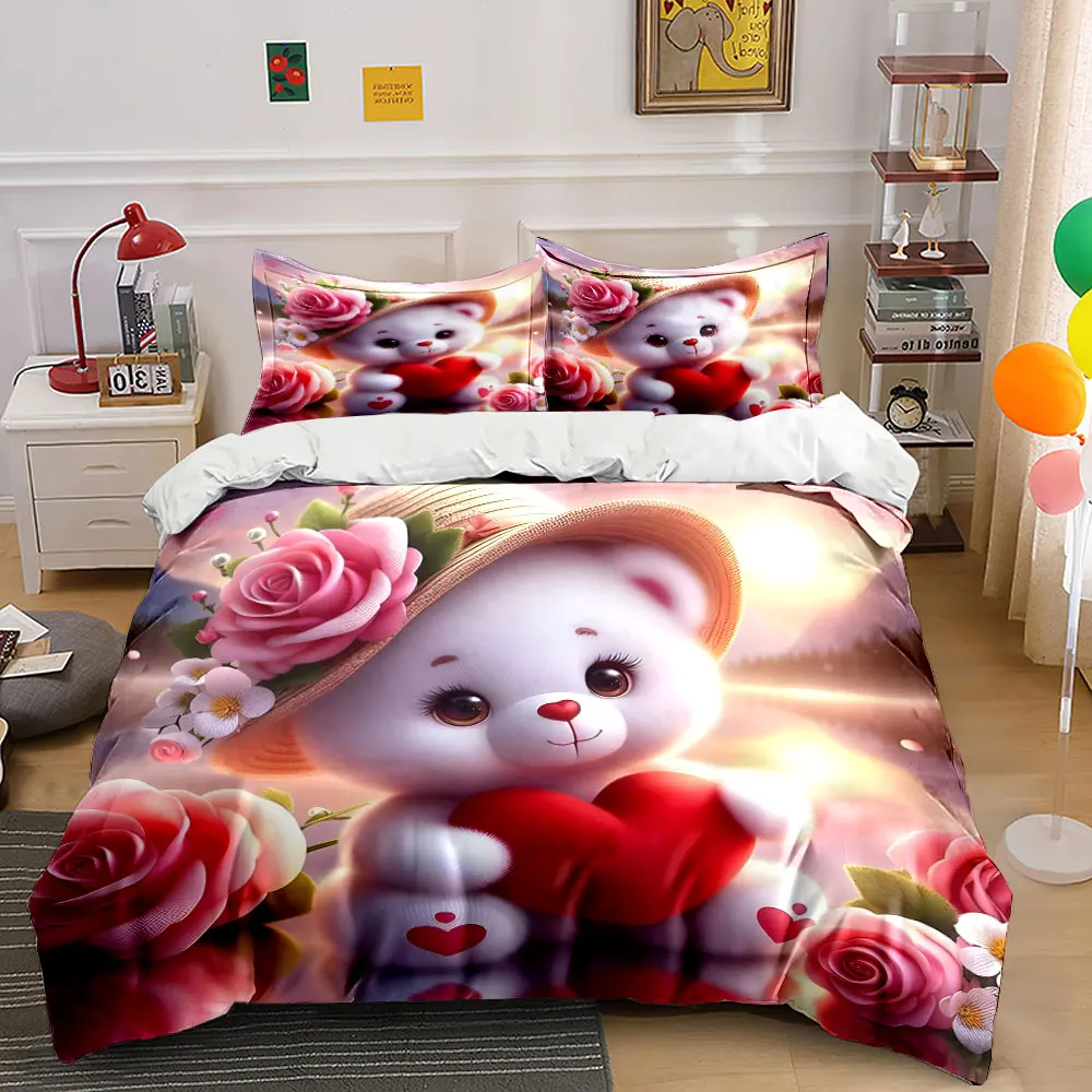 Romantic bear with roses Bedding Set for Kids Luxury Gift 3pcs Digital Print Comforter Set Soft Comfortable Breathable