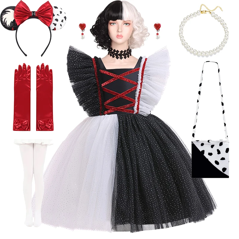 

Halloween Costume Disney Cruella de Vil Cosplay Costume Girls Cruella Tulle Dress Kids Black White Masquerade Party Clothing